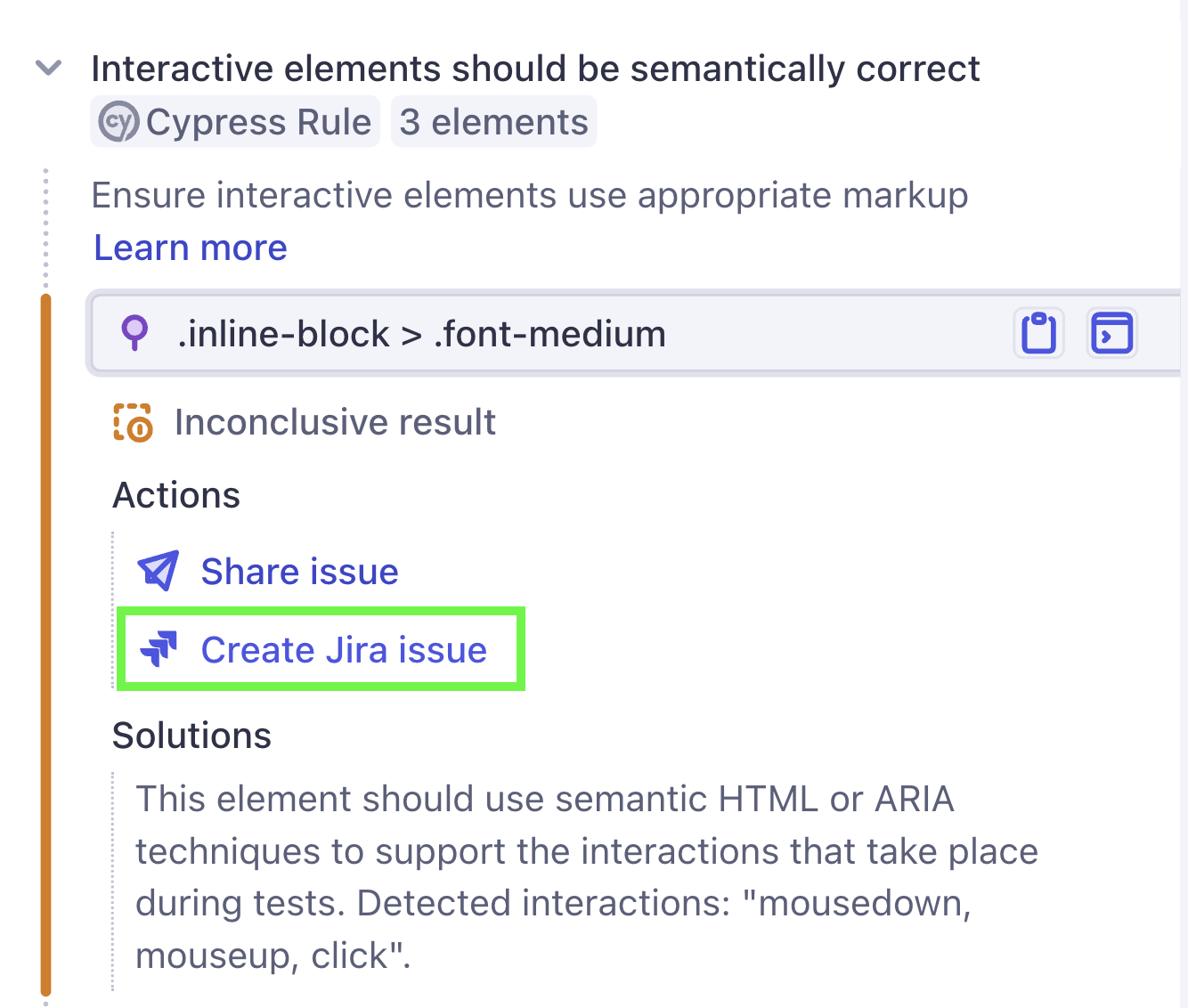 The Create Jira issue button in the element details panel for an accessibility violation.