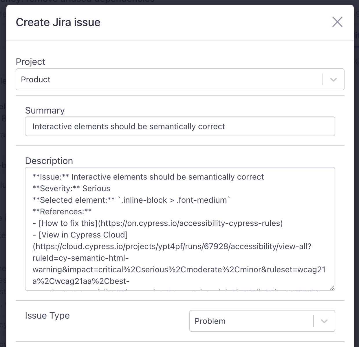 The Jira issue creation modal form for creating a new issue from an accessibility violation.