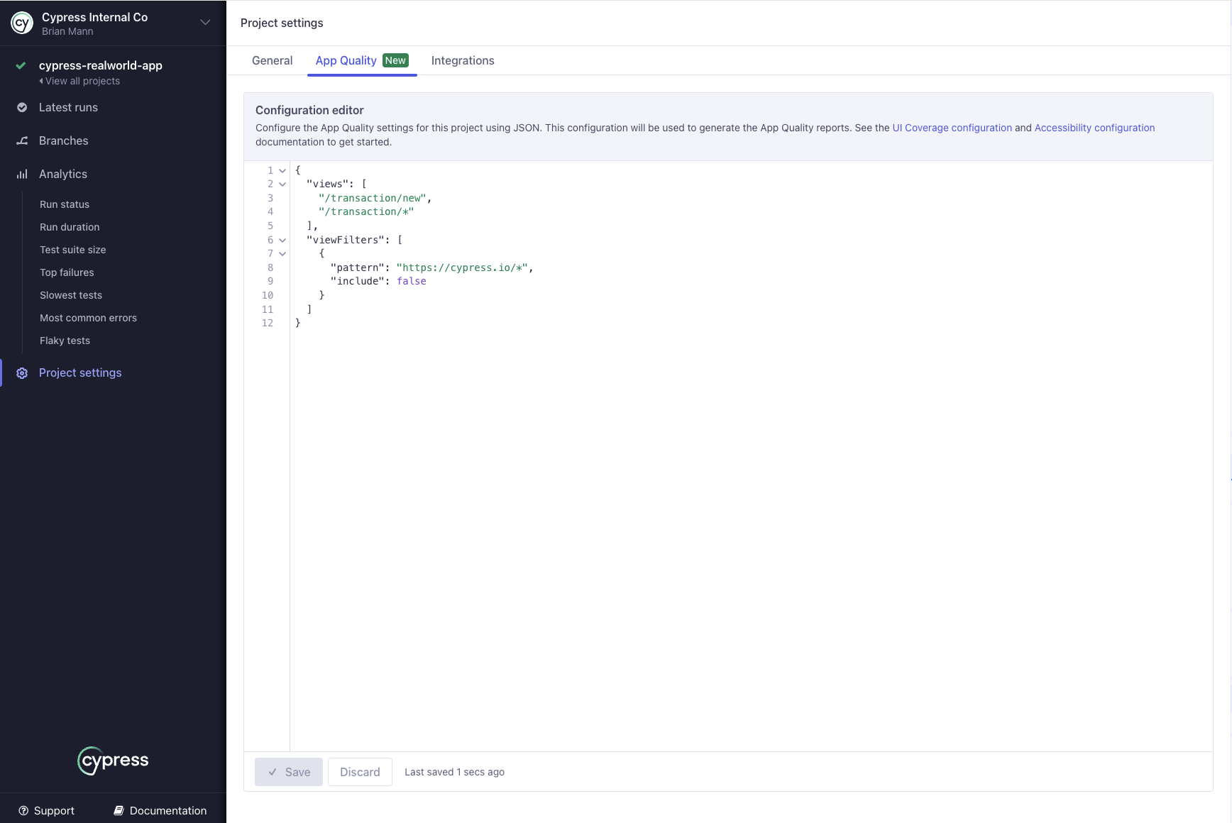 The Cypress Cloud UI showing the configuration editor