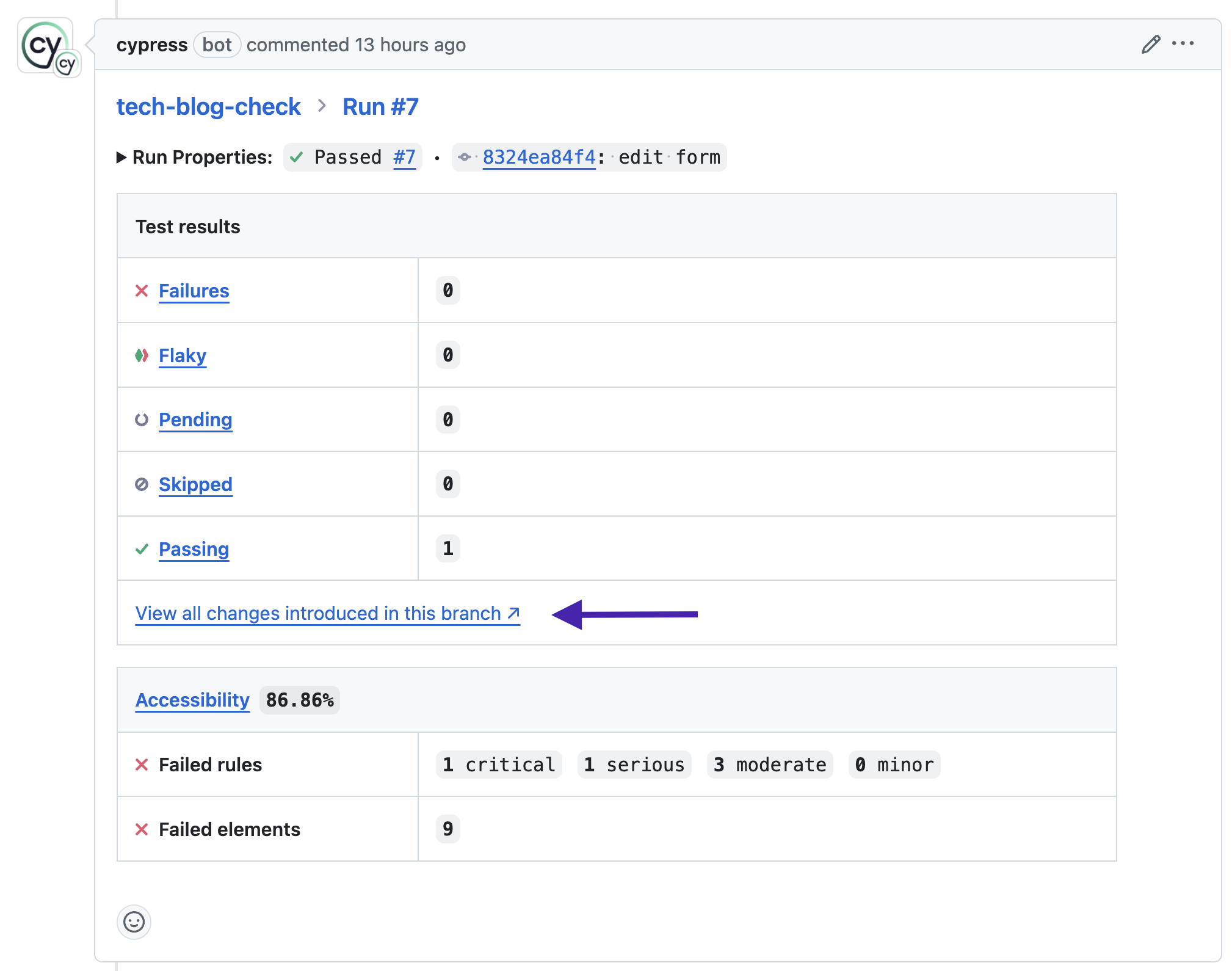 A pull request comment from Cypress with an arrow pointing to the 'View all changes introduced in this branch' link. Test results and some accessibility score and violation information is also visible in the comment. The project has an 86.86% accessibility score, with  9 failed elements. Failed rule counts are 1 critical, 1 serious, 3 moderate, and 0 minor.