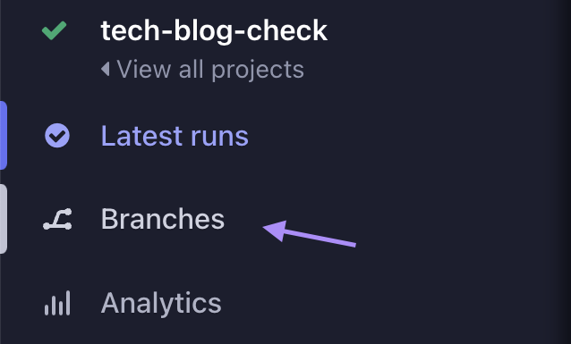 The main Cypress Cloud navigation showing Latest Runs, Branches, and Analytics menu items. An arrow points to Branches.