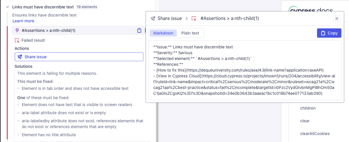 Details displayed after clicking on an element in the Rules section of the Cypress Accessibility issue detail view. Options to copy the selector, print to console, share the issue, and solutions are available.