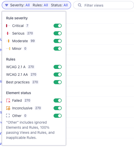 The Cypress Accessibility dropdown filter showing rule severity, rules, element state as well as a search bar