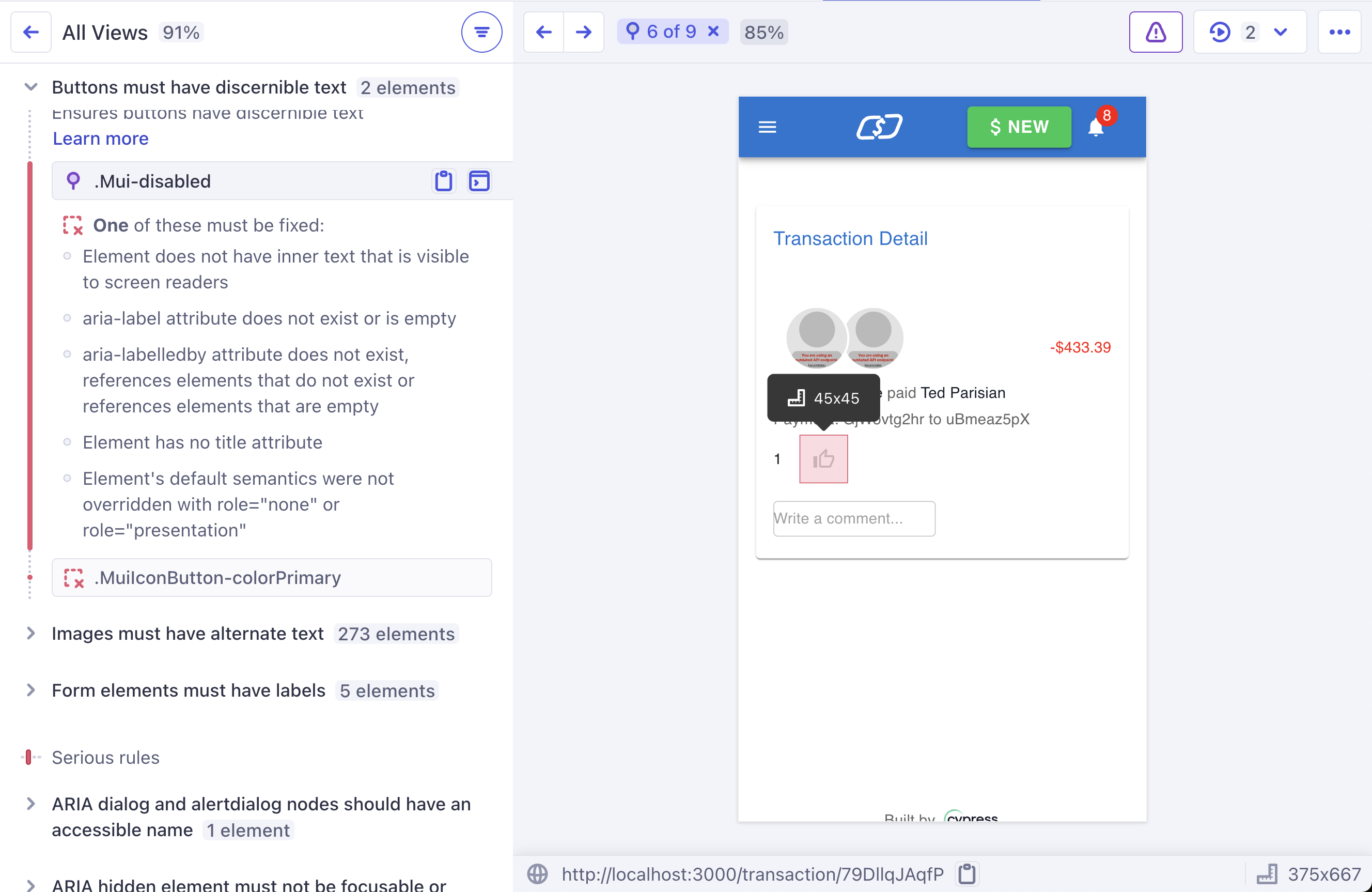 Cypress Accessibility UI displaying a 'Buttons must have discernible text' violation example