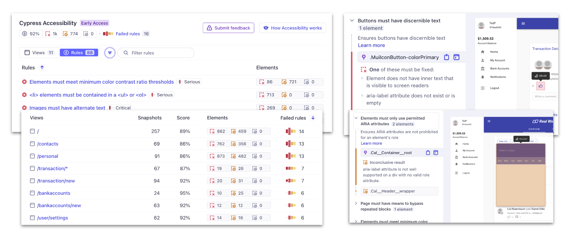 A graphic showing the Cypress Accessibility dashboard including list of rules, views, and the user interface showing how devtools can be used