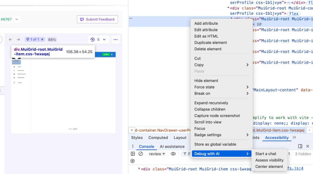 Chrome DevTools Elements panel with a Material UI grid item div selected in the tree. A context menu on the element shows Debug with AI expanded to a submenu listing Start a chat, Assess visibility, and Center element. The Accessibility tab and an AI assistance tab appear in the surrounding tool UI.
