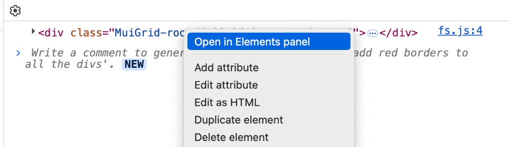 Browser developer tools console showing a logged element. A context menu is open over the console output with 'Open in Elements panel' highlighted.