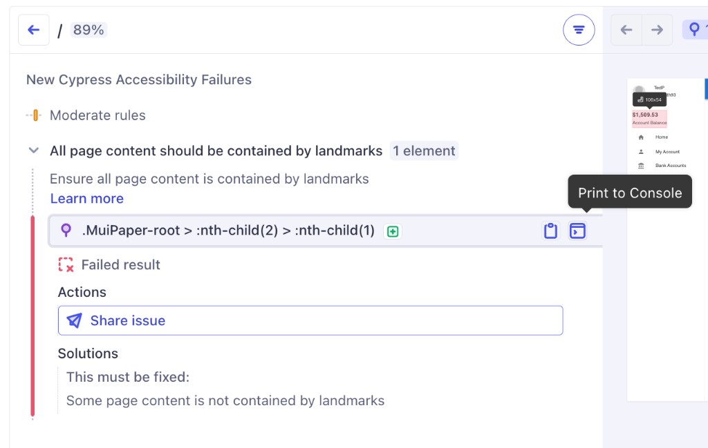 Cypress Cloud accessibility issue view for the rule that all page content should be contained by landmarks, showing the failing CSS selector, action icons beside it, the Print to Console control with its tooltip visible, a Solutions summary stating that some content is not inside landmarks, and a narrow app preview with the affected region outlined.