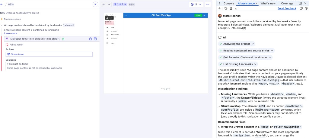 Cypress Test Runner in a three-pane layout: on the left, New Cypress Accessibility Failures lists a moderate landmarks rule and a CSS selector for the failing element; the center shows the Real World App with a highlight on the navigation drawer; on the right, the AI assistance tab lists completed diagnostic steps such as reading styles and listing landmarks, then explains that drawer content sits outside landmark regions and suggests wrapping it in a nav element or role navigation.