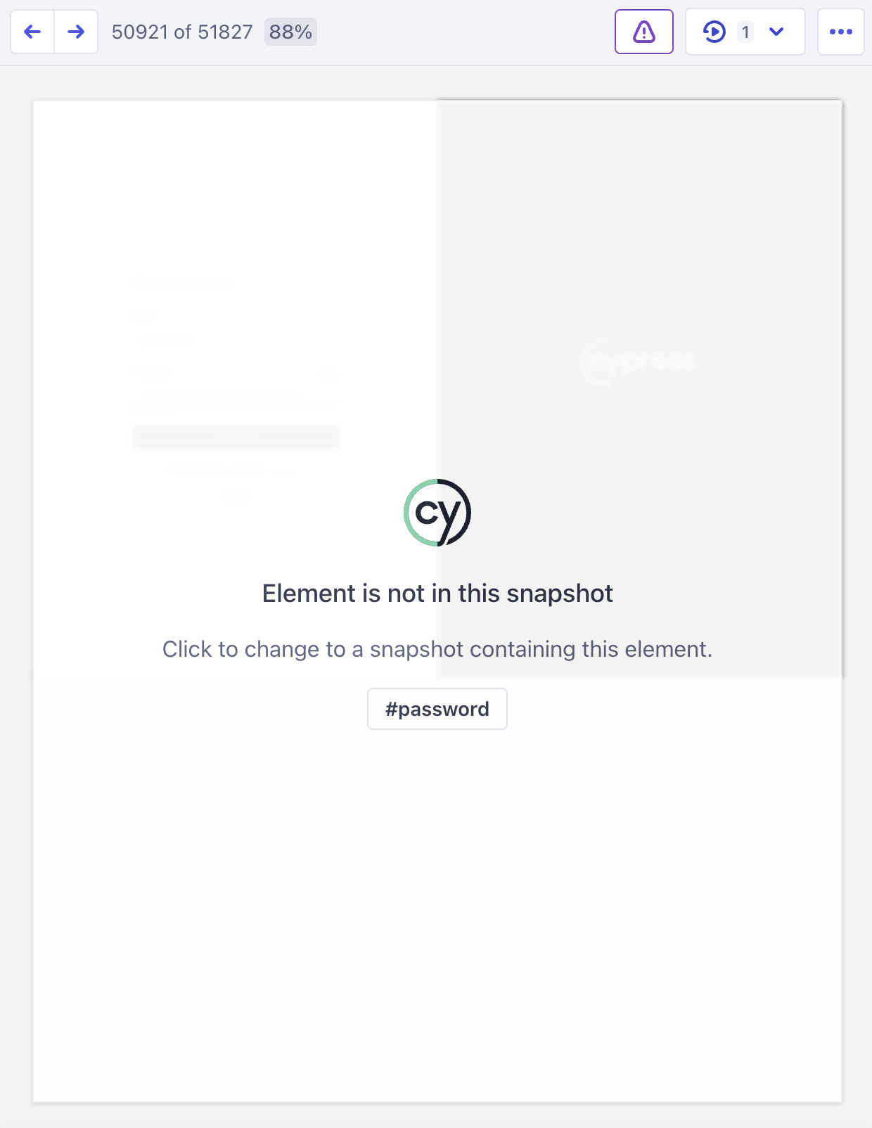 A dimmed DOM snapshot overlaid with the Cypress logo, the heading 'Element is not in this snapshot', the line 'Click to change to a snapshot containing this element.', and a chip naming the hovered element, #password.