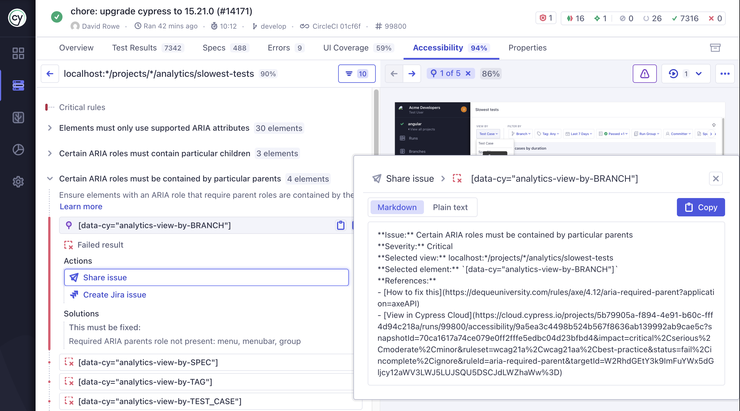 The Share issue dialog, headed 'Share issue' followed by the pinned element's selector. Markdown and Plain text tabs sit above the snippet with a Copy button to their right. The snippet lists Issue, Severity, Selected view, and Selected element, then References holding a 'How to fix this' link to Deque University and a 'View in Cypress Cloud' link carrying the snapshot, filter, rule, and element parameters.