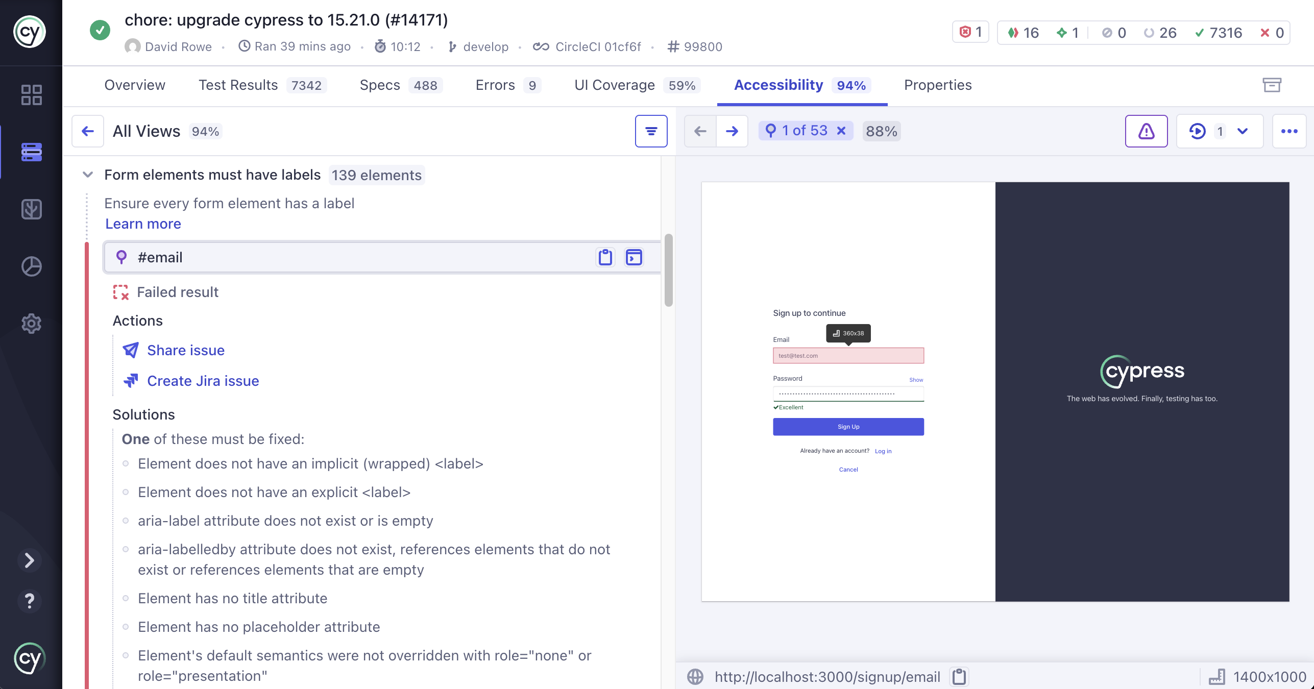 The rule 'Form elements must have labels' expanded to 139 elements, with the element '#email' pinned. The pinned row shows a pin icon and two icon buttons for Copy selector and Print to Console. Below it, a Failed result status, an Actions section with Share issue and Create Jira issue, and a Solutions section headed 'One of these must be fixed:' listing seven alternatives, starting with an implicit or explicit label and an aria-label attribute. On the right, a DOM snapshot of a sign-up form with the email field outlined.
