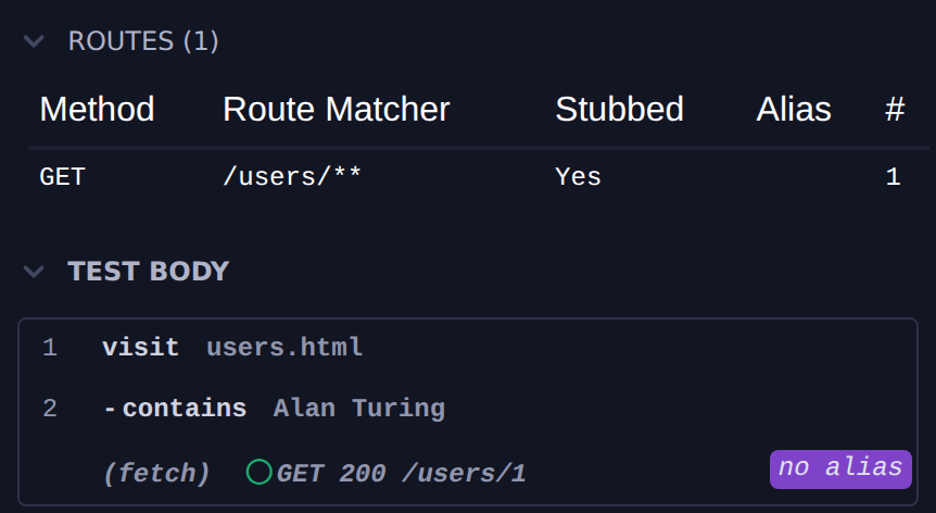 Command Log with the Routes panel showing GET /users/** stubbed, and a fetch to /users/1 answered by it