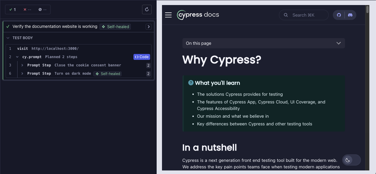 Self-healed tag in the Command Log for a cy.prompt step