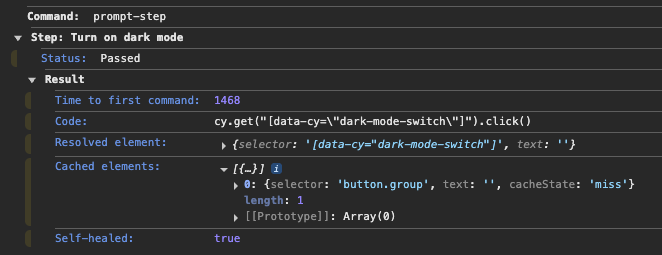 Console logs for a self-healed cy.prompt step