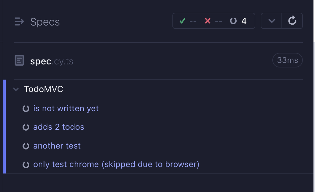 Cypress with four pending test