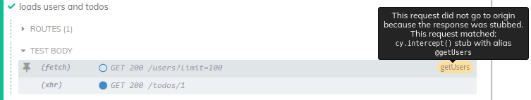 Screenshot of stubbed fetch request with tooltip and unstubbed XHR request