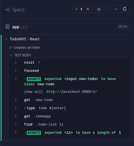 Cypress tests showing commands and assertions