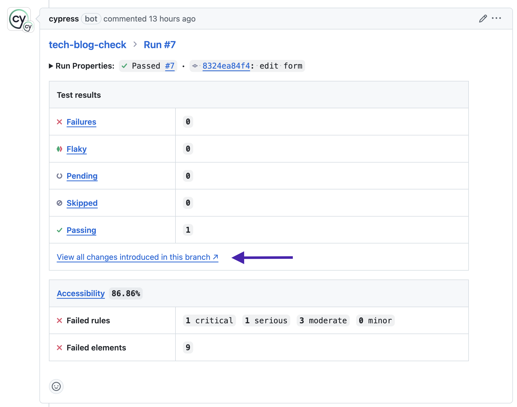 A Pull Request comment from Cypress with an arrow pointing to the 'View all changes introduced in this branch' link. Test results and some accessibility score and violation information is also visible in the comment. The project has an 86.86% accessibility score, with  9 failed elements. Failed rule counts are 1 critical, 1 serious, 3 moderate, and 0 minor.