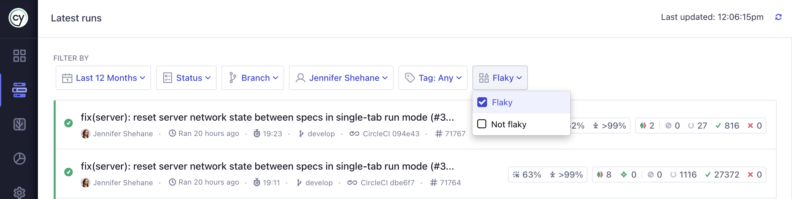 Filtering flaky tests runs in Cypress Cloud