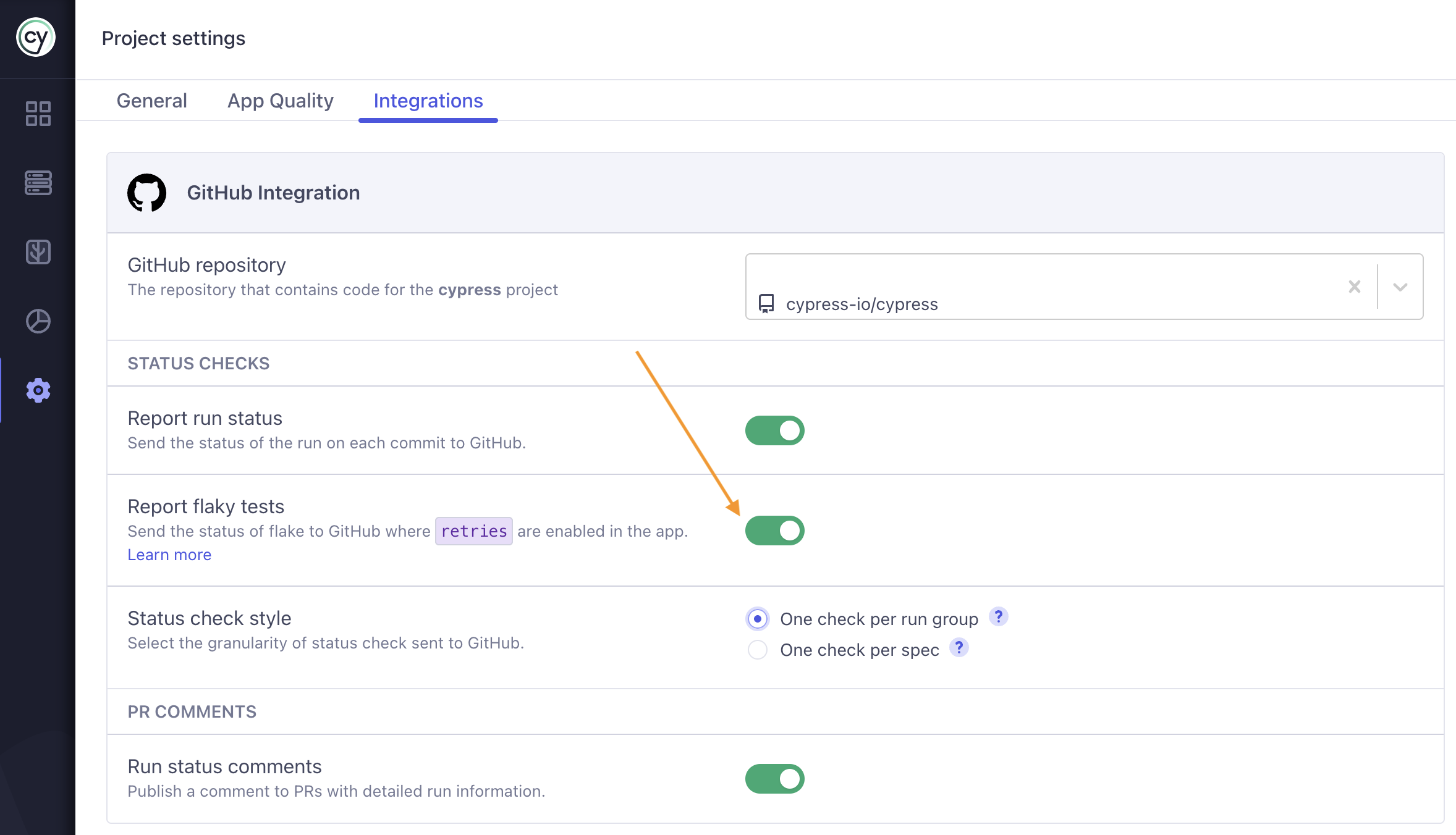 Enabling flaky test status checks in the Cypress GitHub integration settings