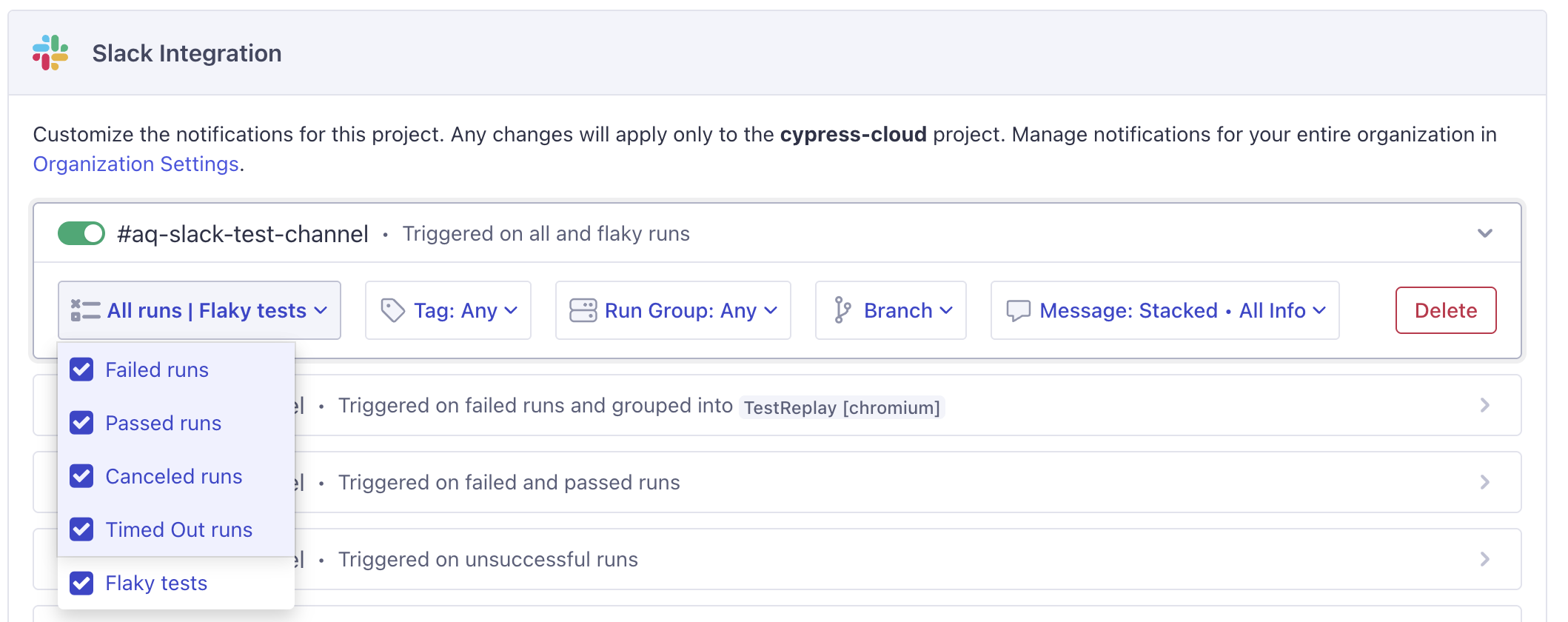 Slack flake alert settings
