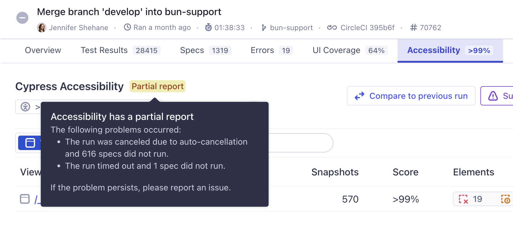 Cypress Accessibility report with a Partial report badge and a tooltip reading: Accessibility has a partial report. The following problems occurred: The run was canceled due to auto-cancellation and 616 specs did not run.