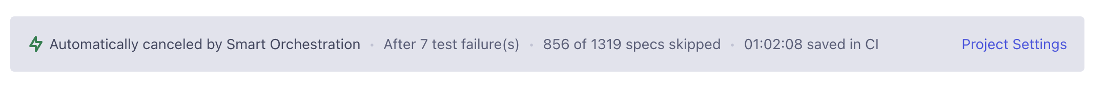 Run Overview banner reading: Automatically canceled by Smart Orchestration, After 7 test failure(s), 856 of 1319 specs skipped, 01:02:08 saved in CI, with a Project Settings link
