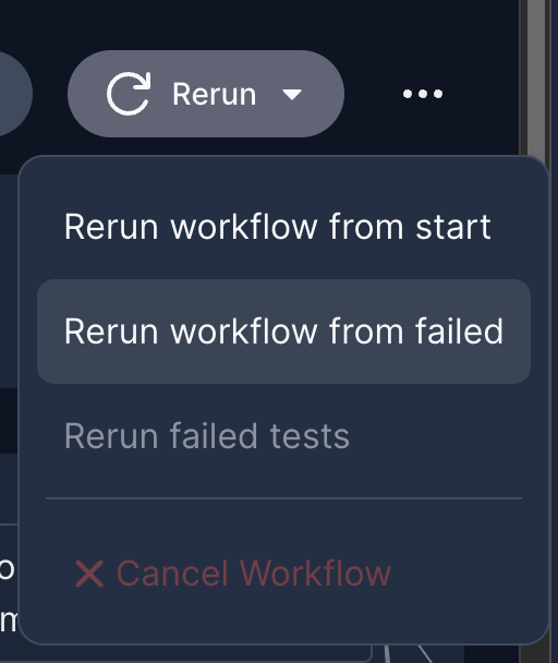 A run in CI provider UI showing button to re-run workflow from failed