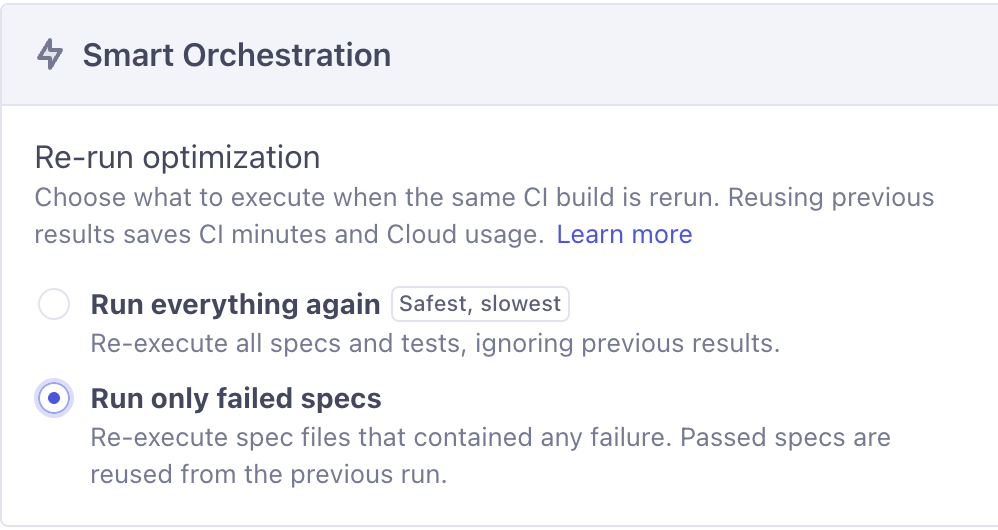 Re-run optimization organization setting in the Smart Orchestration section of Cypress Cloud, showing the Run everything again and Run only failed specs options