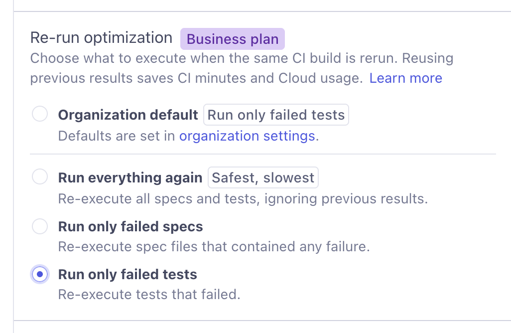 Re-run optimization project setting in Cypress Cloud, showing the Organization default, Run everything again, Run only failed specs, and Run only failed tests options