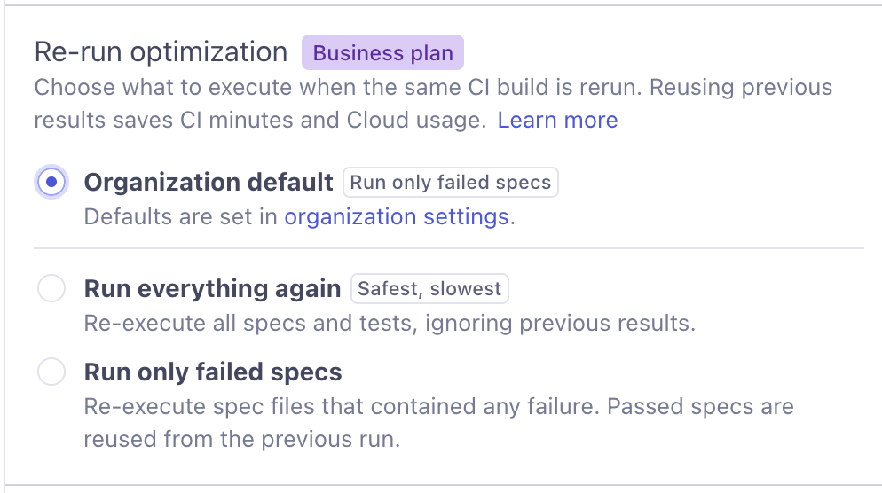 Re-run optimization project setting in Cypress Cloud, showing the Organization default, Run everything again, and Run only failed specs options