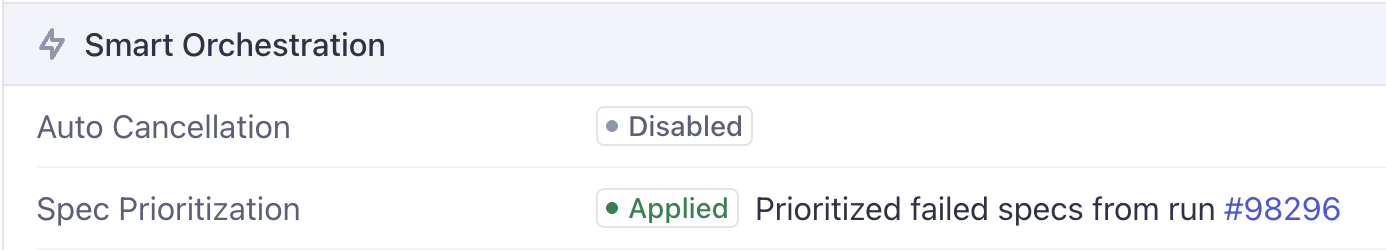 Run Properties tab Smart Orchestration section showing Spec Prioritization marked Applied with a 'Prioritized failed specs from run #98296' link, and Auto Cancellation marked Disabled