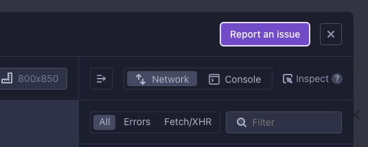 Screenshot of top right corner of Test Replay window with a button that says 'Report an Issue'