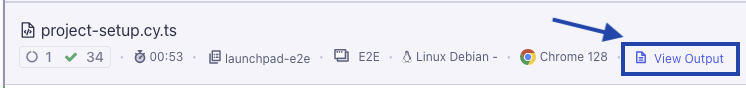 Spec row in Cypress Cloud showing number of passed tests, run time, group, test type, OS, browser, and a button that says 'View Output' which is higlighted with an arrow and rectangle