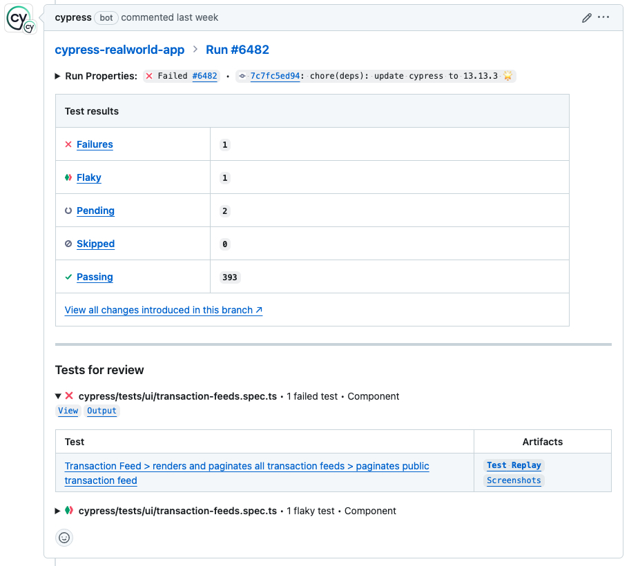Cypress GitHub App PR comment