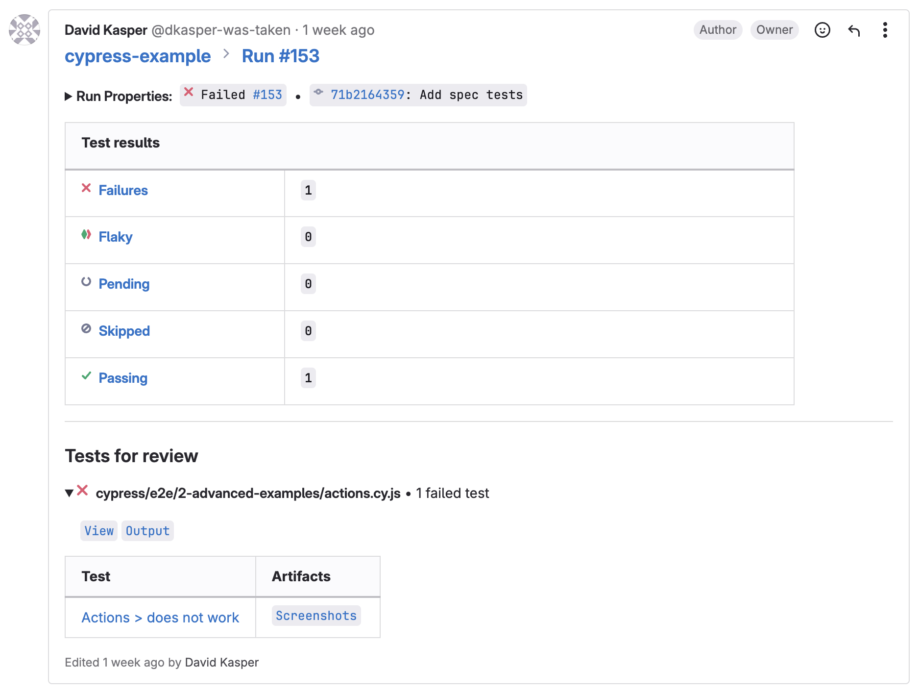 GitLab merge request comment showing run properties, test results, and tests for review