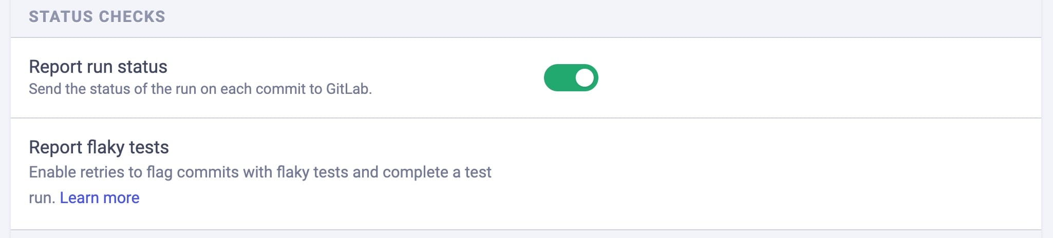 Project Settings page toggle for Status Checks to toggle Report run status or Report flaky tests