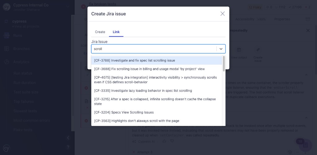 Create Jira issue modal on the Link tab: typing in Jira Issue shows a dropdown list of matching Jira issues to choose from