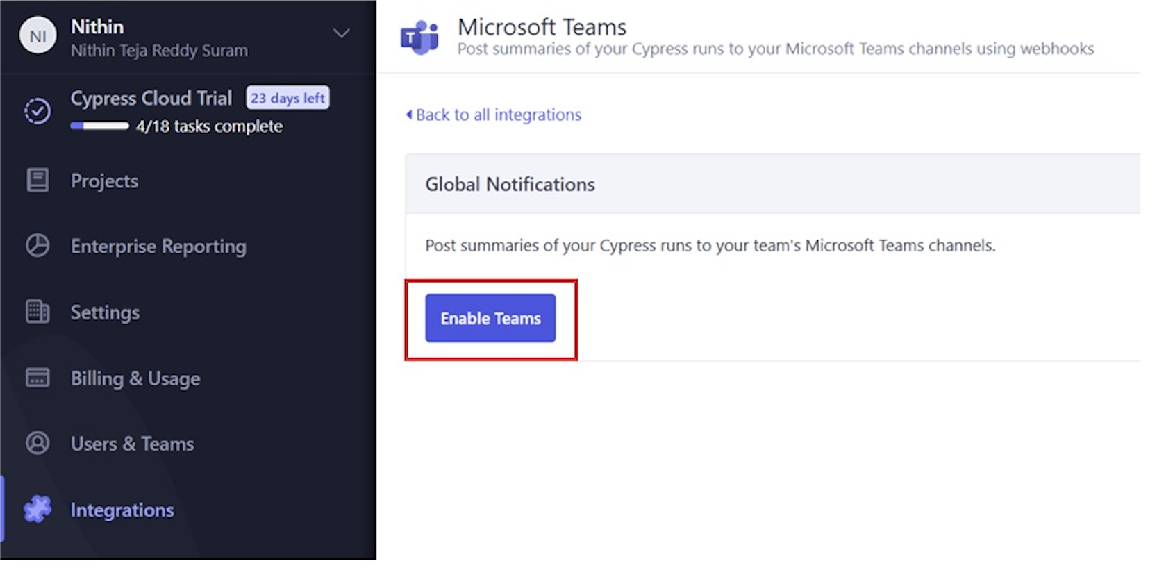 Click enable teams under Microsoft Teams Section