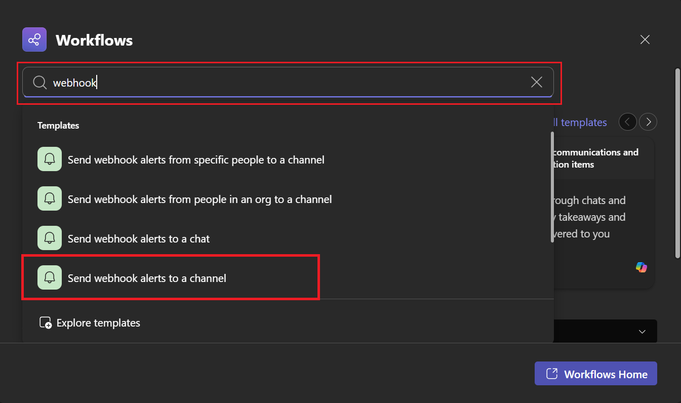 select webhook alerts to channel workflow