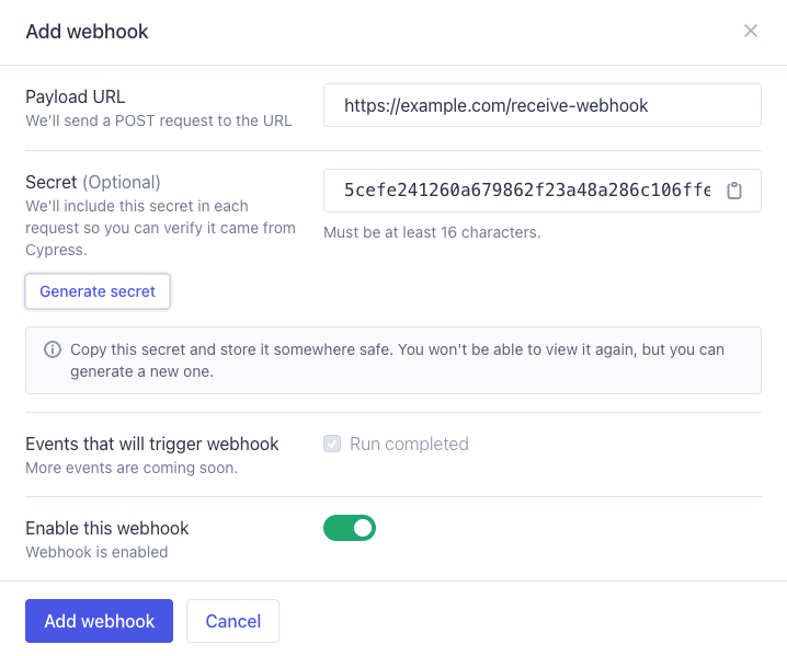 The Add webhook dialog with Payload URL, Secret, events, and enable toggle