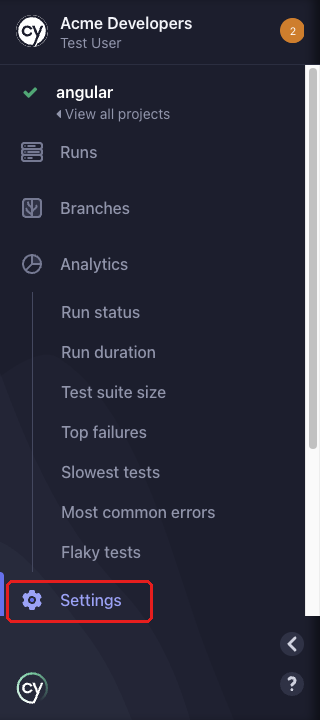 The Settings link at the bottom of the project sidebar