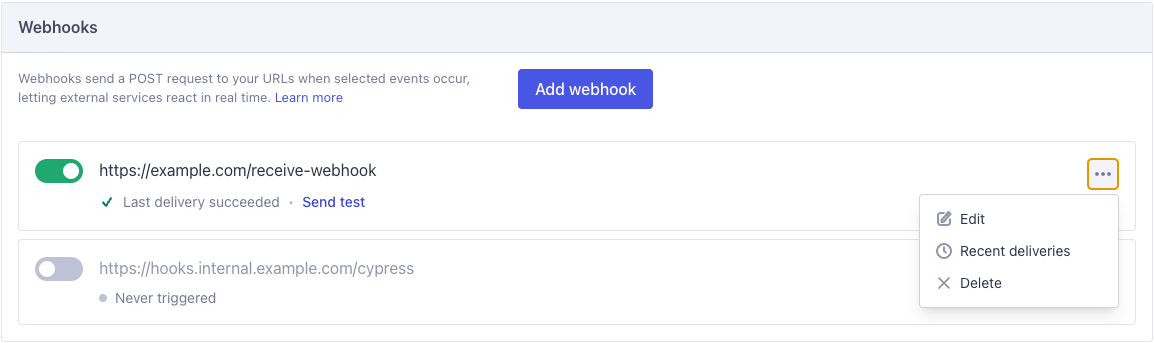 A configured webhook row with its status, enable toggle, and actions menu
