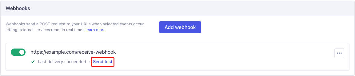 Sending a test event from a webhook row and viewing its delivery status