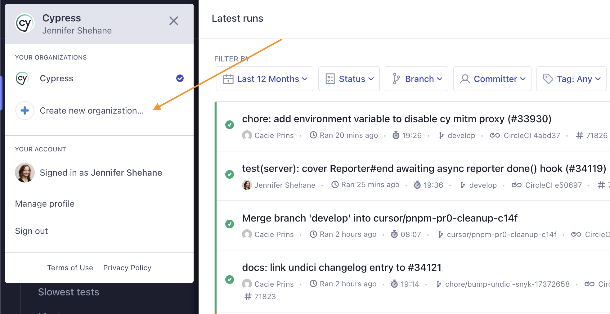 Creating a new organization from the organization switcher in Cypress Cloud