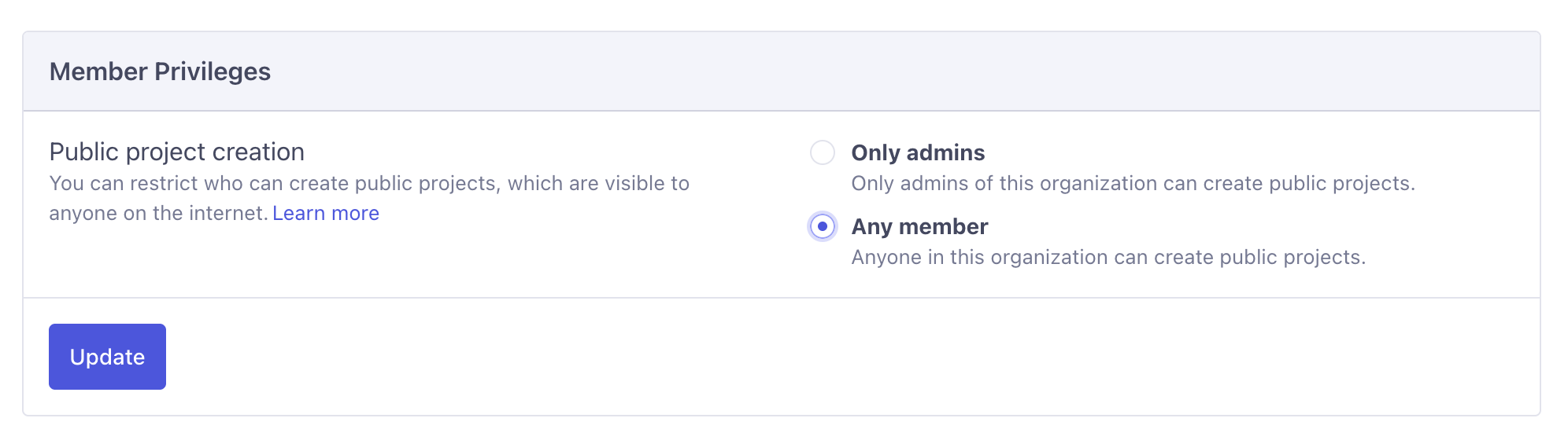 Member privileges setting in Cypress Cloud organization settings