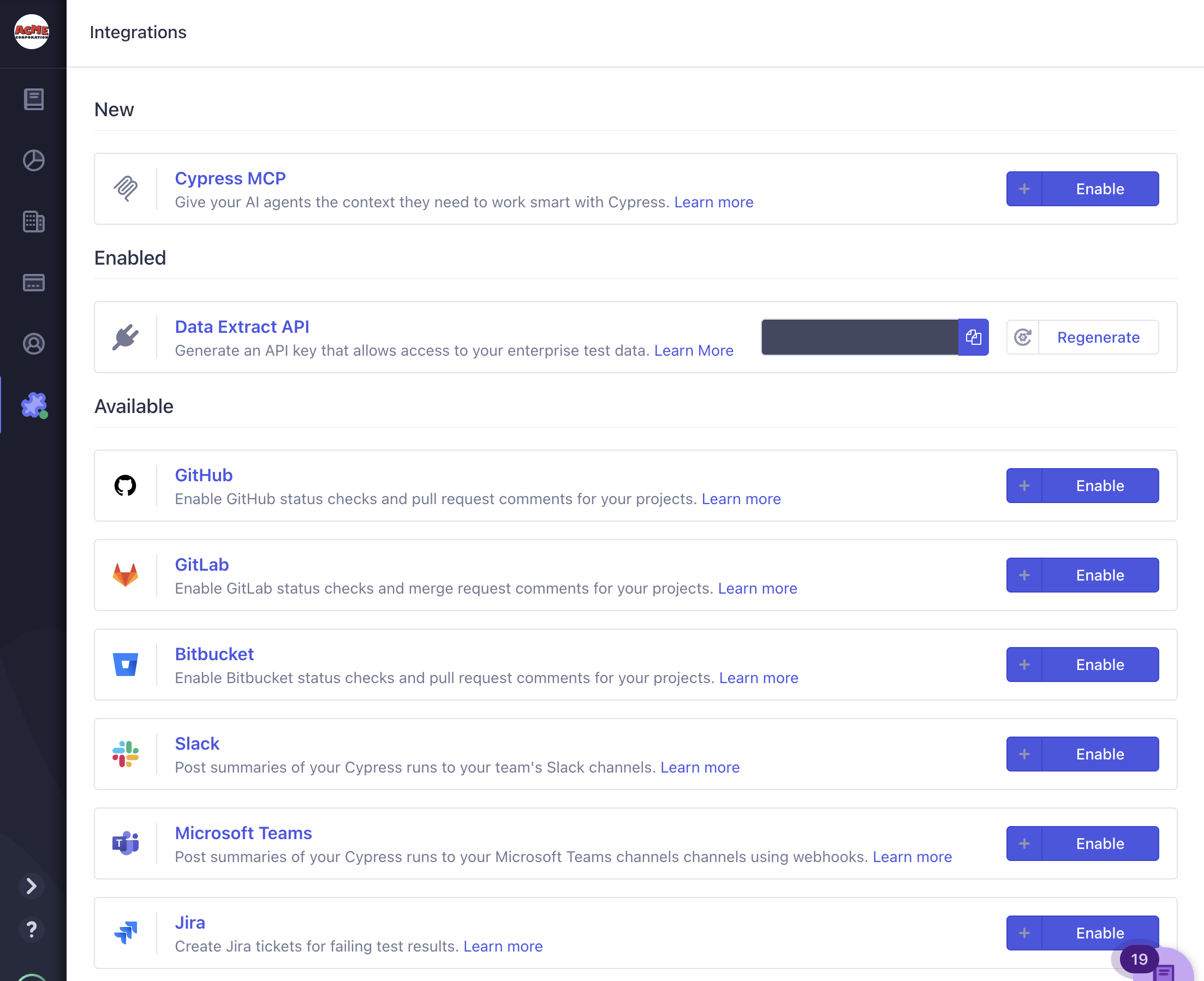 Organization integrations page in Cypress Cloud