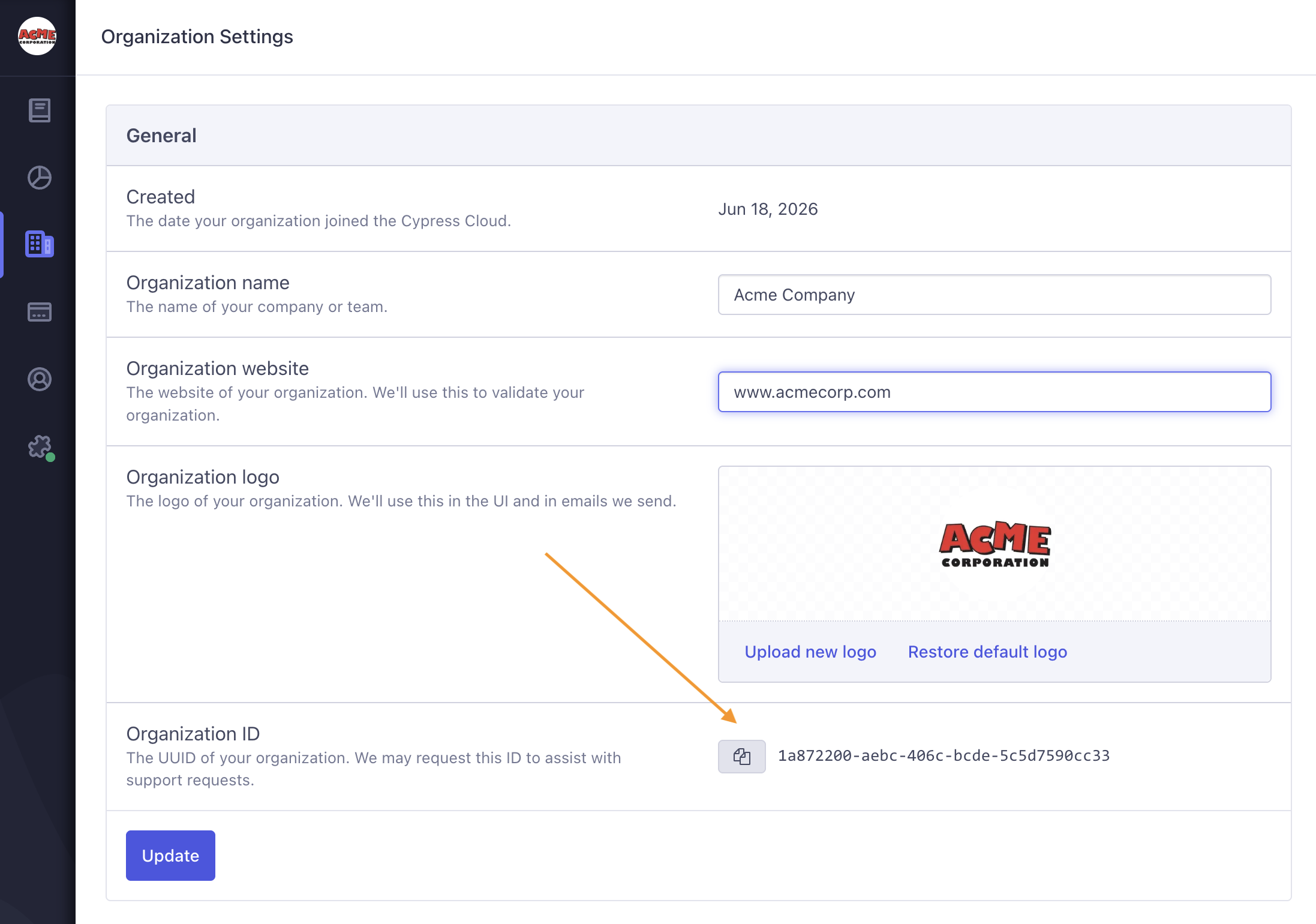 Locating and copying your Cypress Cloud organization ID in organization settings