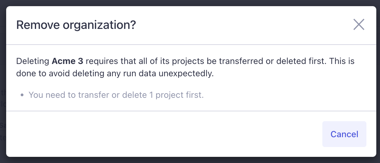 Confirmation dialog for deleting an organization in Cypress Cloud